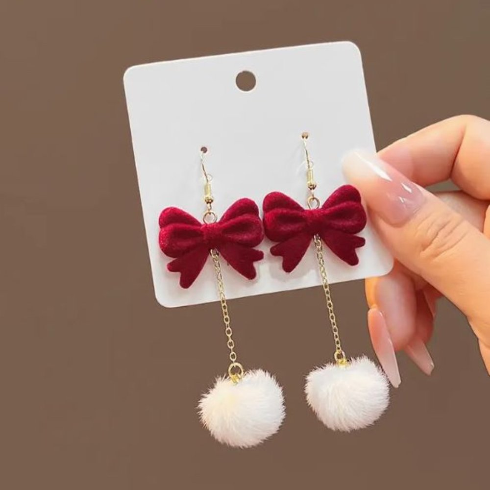 Vintage Red Bowknot Pom Pom Ball Earrings